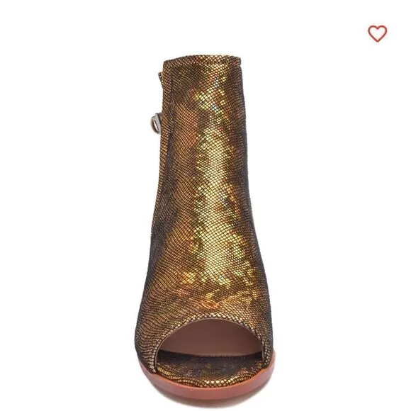 RJS Peep Open Toe Sandals Boot Cut Out Ankle Bootie Gold Sequins 10.5 EUC
