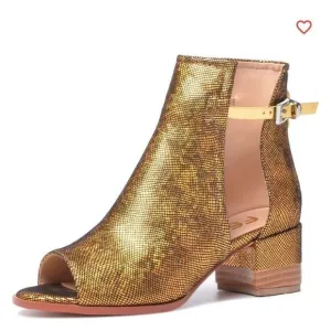 RJS Peep Open Toe Sandals Boot Cut Out Ankle Bootie Gold Sequins 10.5 EUC