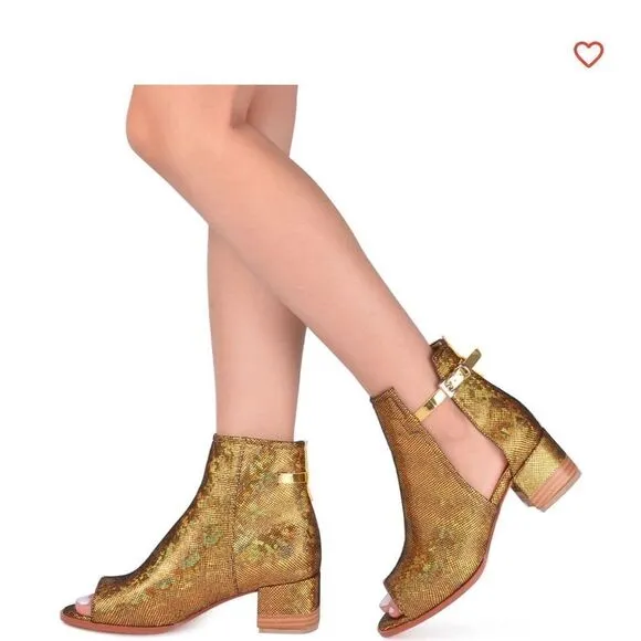 RJS Peep Open Toe Sandals Boot Cut Out Ankle Bootie Gold Sequins 10.5 EUC