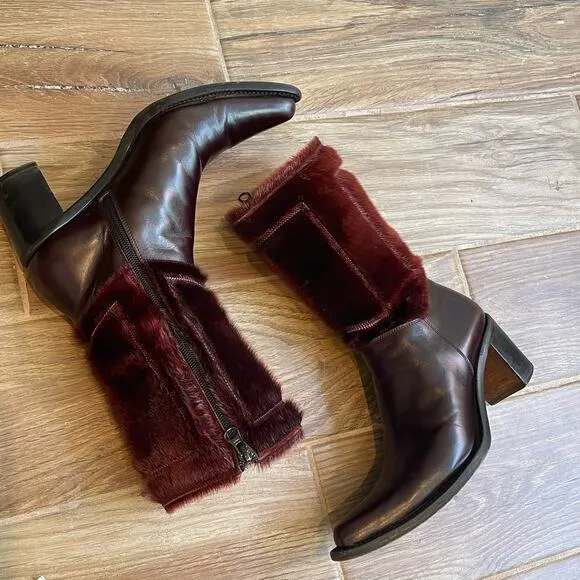 Rocco P. Leather Pointed Toe Faux Fur Western Boots Made In Italy Size 36.5