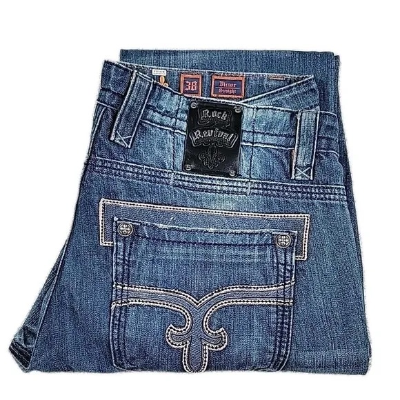 Rock Revival Victor Jeans Mens 38  Straight Fit Distressed Denim Y2K