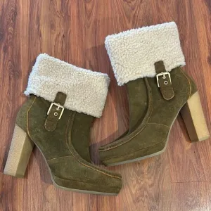 Rockport green suede heel boots fur cuff lined 7.5