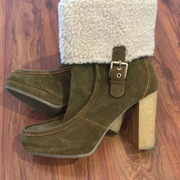 Rockport green suede heel boots fur cuff lined 7.5