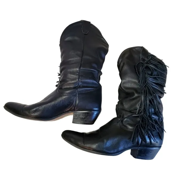 Rodeo Drive Vintage Women’s Black Leather Western Boots with Fringe, Size 7M