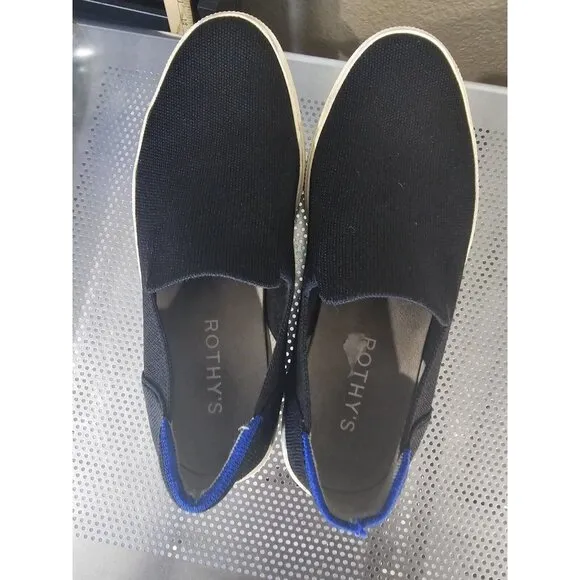 Rothy's Slip On Sneakers Shoes Black Blue Trim Men's Size 9.5 Women's 11