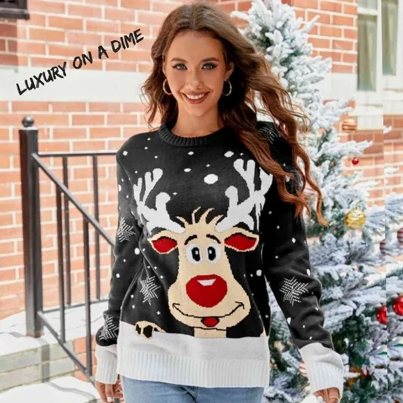 Rudolph Reindeer Winter Holiday Classic Long Sleeve Christmas Knit Sweater Black