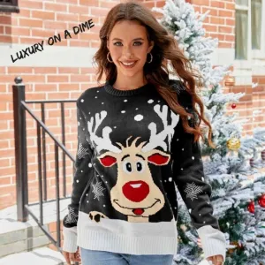 Rudolph Reindeer Winter Holiday Classic Long Sleeve Christmas Knit Sweater Black