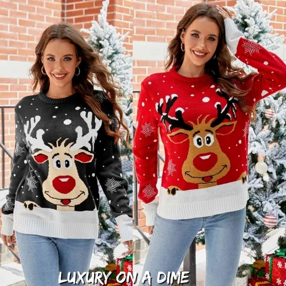 Rudolph Reindeer Winter Holiday Classic Long Sleeve Christmas Knit Sweater Black