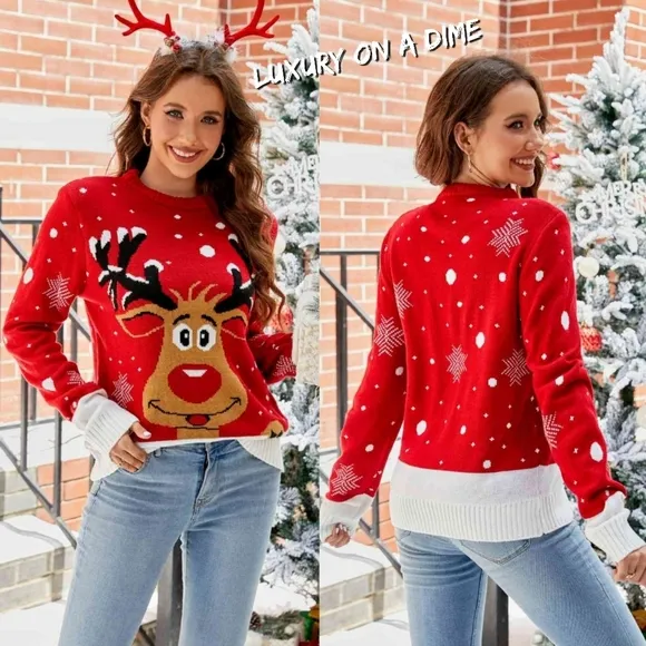 Rudolph Reindeer Winter Holiday Classic Long Sleeve Christmas Knit Sweater Black