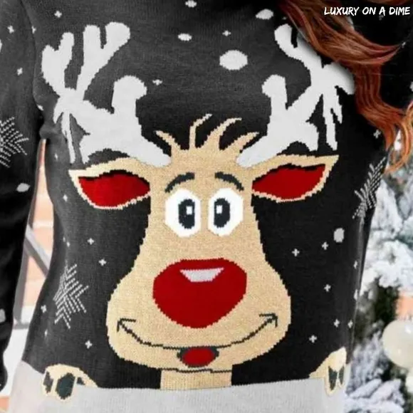 Rudolph Reindeer Winter Holiday Classic Long Sleeve Christmas Knit Sweater Black