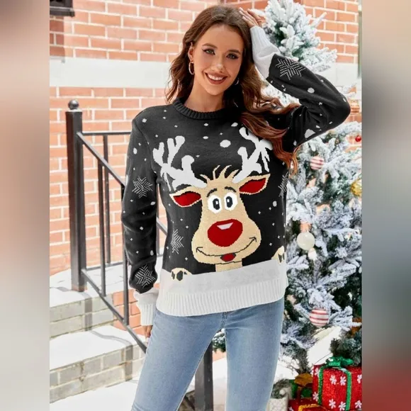 Rudolph Reindeer Winter Holiday Classic Long Sleeve Christmas Knit Sweater Black