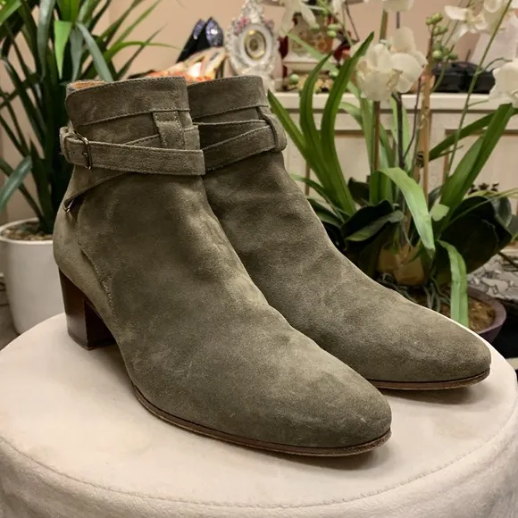 Saint Laurent Olive Green Suede Ankle Boots Size 40
