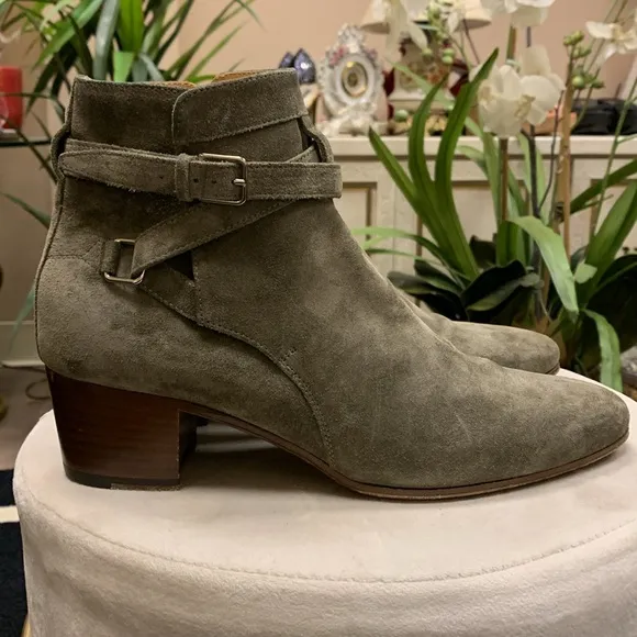 Saint Laurent Olive Green Suede Ankle Boots Size 40