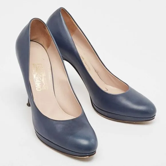 Salvatore Ferragamo Navy Blue Leather Platform Pumps Size 40.5