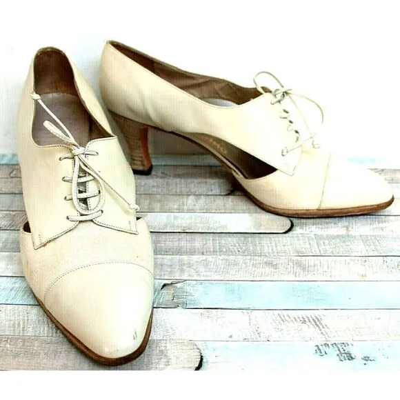 Salvatore Ferragamo BEIGE GENUINE LEATHER CANVAS LACE UP 2.75&quot; HEEL SHOES Sz 10B