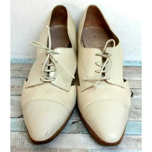 Salvatore Ferragamo BEIGE GENUINE LEATHER CANVAS LACE UP 2.75&quot; HEEL SHOES Sz 10B