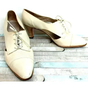 Salvatore Ferragamo BEIGE GENUINE LEATHER CANVAS LACE UP 2.75&quot; HEEL SHOES Sz 10B