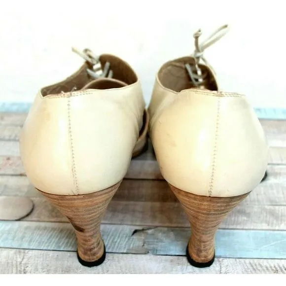 Salvatore Ferragamo BEIGE GENUINE LEATHER CANVAS LACE UP 2.75&quot; HEEL SHOES Sz 10B