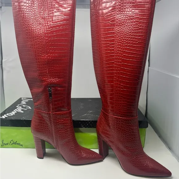 Sam Edelman Red Over the Knee Boots with Croc-Embossed Texture