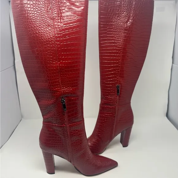 Sam Edelman Red Over the Knee Boots with Croc-Embossed Texture