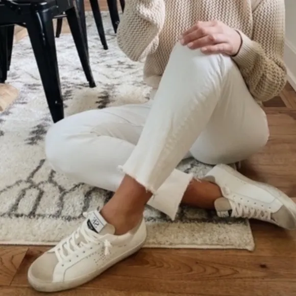 Sam Edelman White Leather Sneaker With Tan Suede Front.