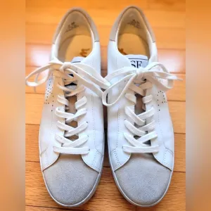 Sam Edelman White Leather Sneaker With Tan Suede Front.