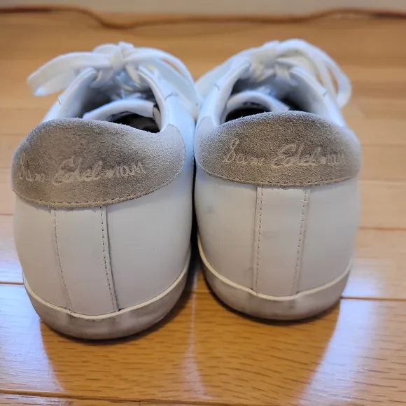 Sam Edelman White Leather Sneaker With Tan Suede Front.