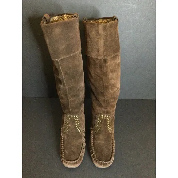 Sam Edelman Women's Studded Suede Boots Wedge Calf Leather Brown Size 8M