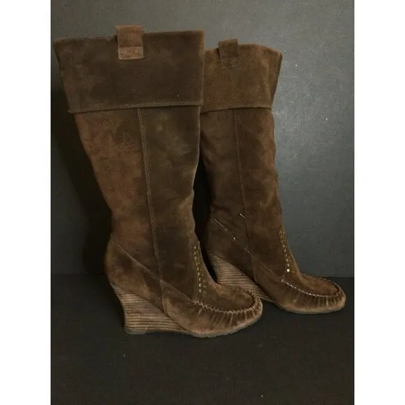 Sam Edelman Women's Studded Suede Boots Wedge Calf Leather Brown Size 8M