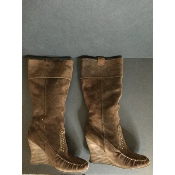 Sam Edelman Women's Studded Suede Boots Wedge Calf Leather Brown Size 8M