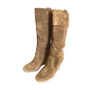 Sam Edelman Women's Studded Suede Boots Wedge Calf Leather Brown Size 8M