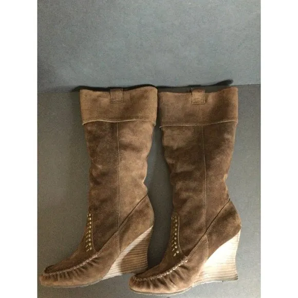 Sam Edelman Women's Studded Suede Boots Wedge Calf Leather Brown Size 8M