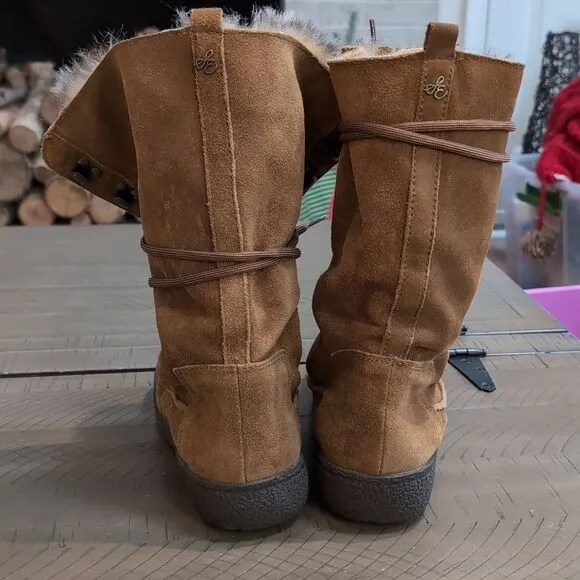 SAM EDELMAN Mariela Cognac Suede Leather Fur Lace-Up Boots Sz 7.5