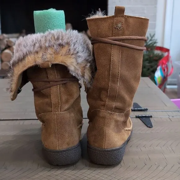 SAM EDELMAN Mariela Cognac Suede Leather Fur Lace-Up Boots Sz 7.5
