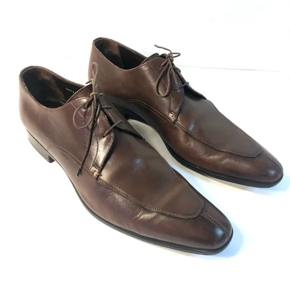 SANTONI PRICHARD Brown Leather Rubber Sole Classic Lace Up Oxford Shoes