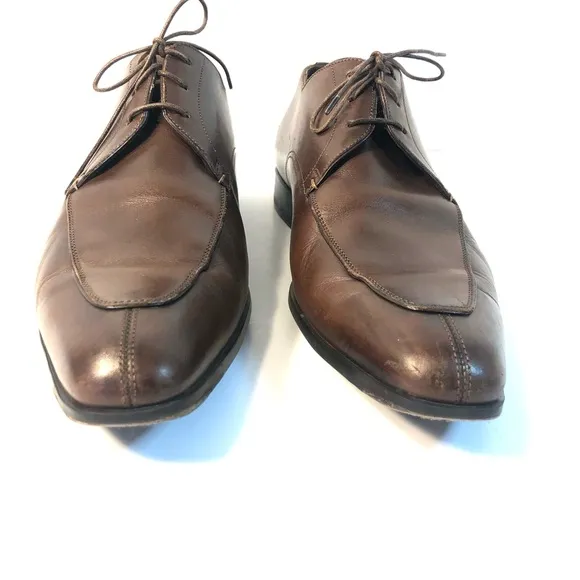 SANTONI PRICHARD Brown Leather Rubber Sole Classic Lace Up Oxford Shoes