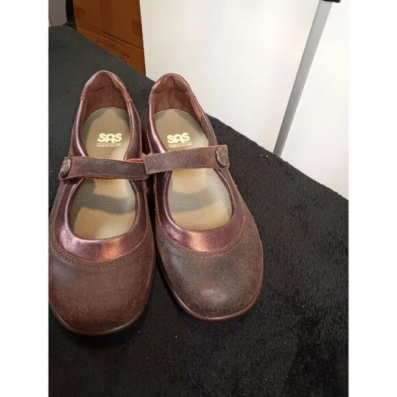 SAS Womens Step Out Brown Suede Adjustable Strap Mary Jane Comfort Shoes Size 8W