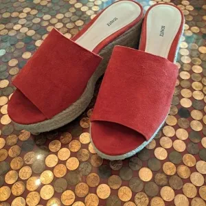 Schutz 10 b lipstick red suede jute sole slip on platform shoes
