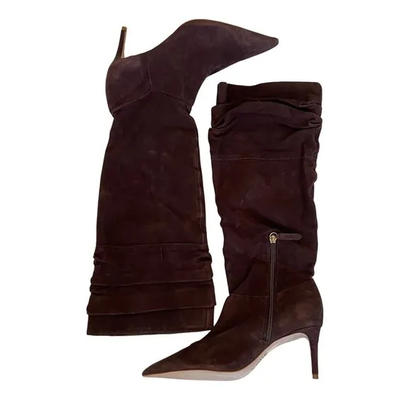 Schutz Brown Suede Knee-High Slouchy Boots Stiletto Heel Pointed Toe Sz 9