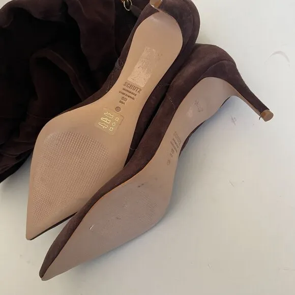 Schutz Brown Suede Knee-High Slouchy Boots Stiletto Heel Pointed Toe Sz 9