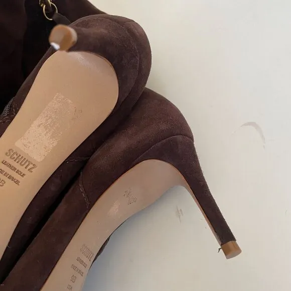 Schutz Brown Suede Knee-High Slouchy Boots Stiletto Heel Pointed Toe Sz 9