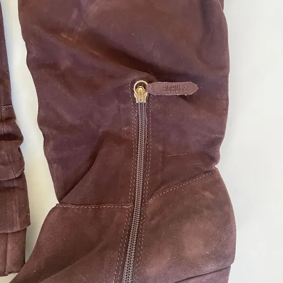 Schutz Brown Suede Knee-High Slouchy Boots Stiletto Heel Pointed Toe Sz 9