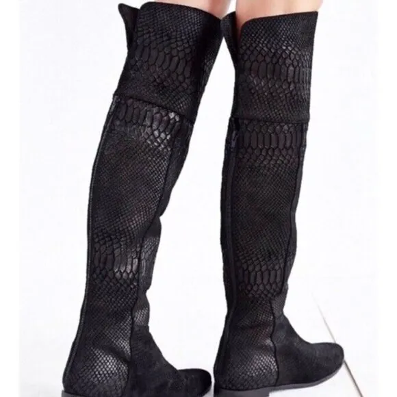 Seychelles Anthropologie Black Victory Croc Over The Knee Boots Leather size 6