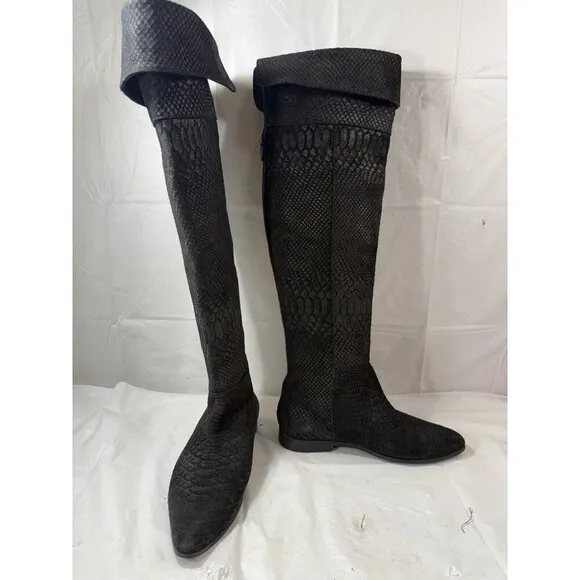 Seychelles Anthropologie Black Victory Croc Over The Knee Boots Leather size 6