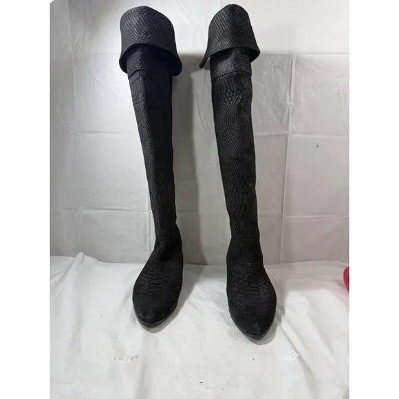 Seychelles Anthropologie Black Victory Croc Over The Knee Boots Leather size 6