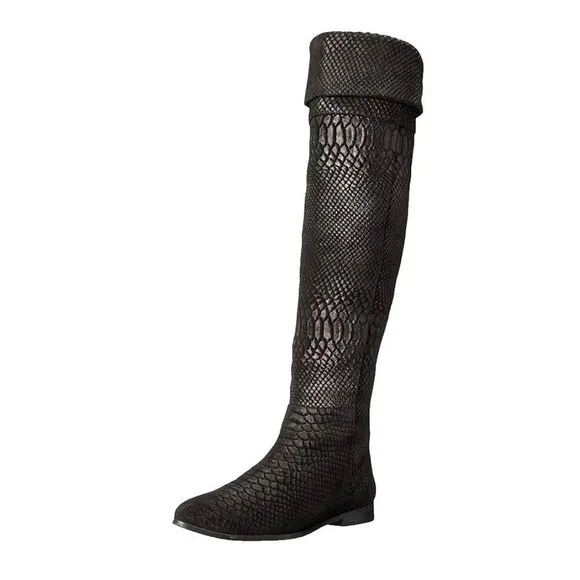 Seychelles Anthropologie Black Victory Croc Over The Knee Boots Leather size 6
