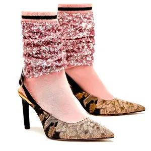 Shimmery Sequin Sock Style Floral Slingback Heels