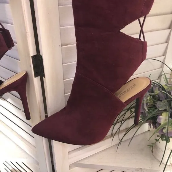 Shoedazzle Over-the-Knee Boots Soft Faux Suede Cut-Out Details Burgundy Red W 11