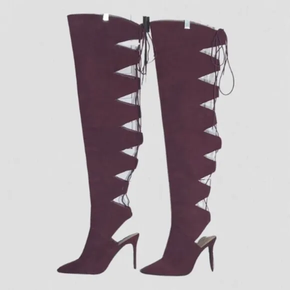 Shoedazzle Over-the-Knee Boots Soft Faux Suede Cut-Out Details Burgundy Red W 11