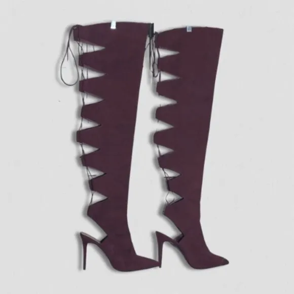 Shoedazzle Over-the-Knee Boots Soft Faux Suede Cut-Out Details Burgundy Red W 11